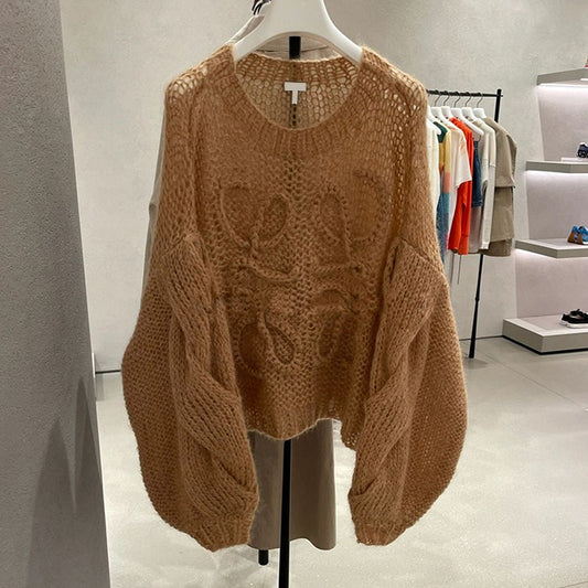 Korean Version Fried Dough Twist Round Neck Hollow Wide Sleeve Sweater Women