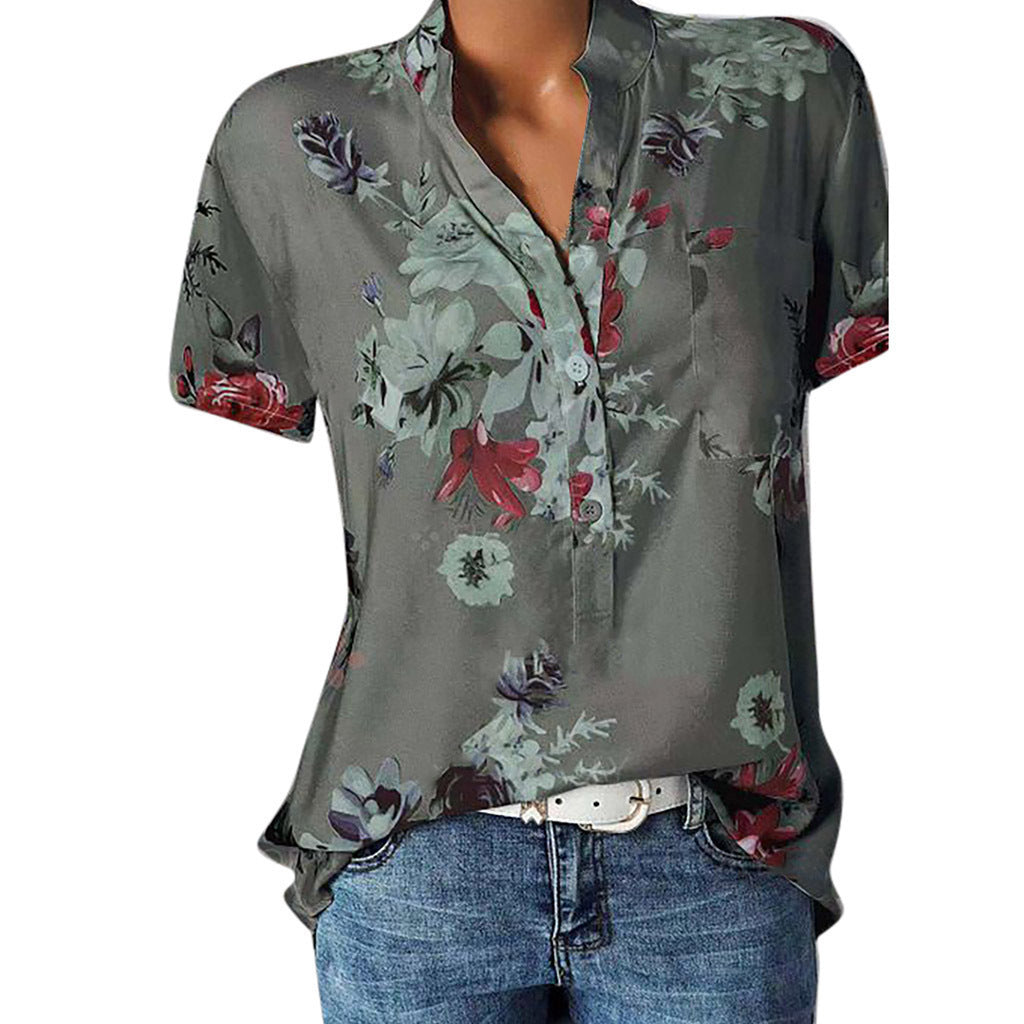 Fashion Flower Printed Tops V-neck Short Sleeve Shirt