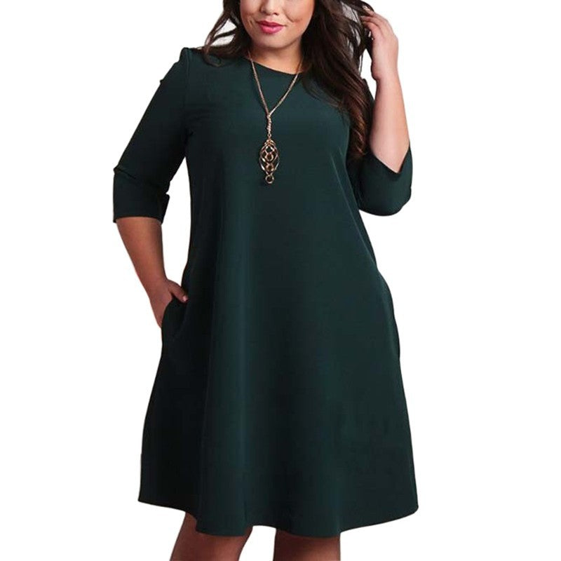 Solid Color Round Neck Sleeves Plus Size Dress