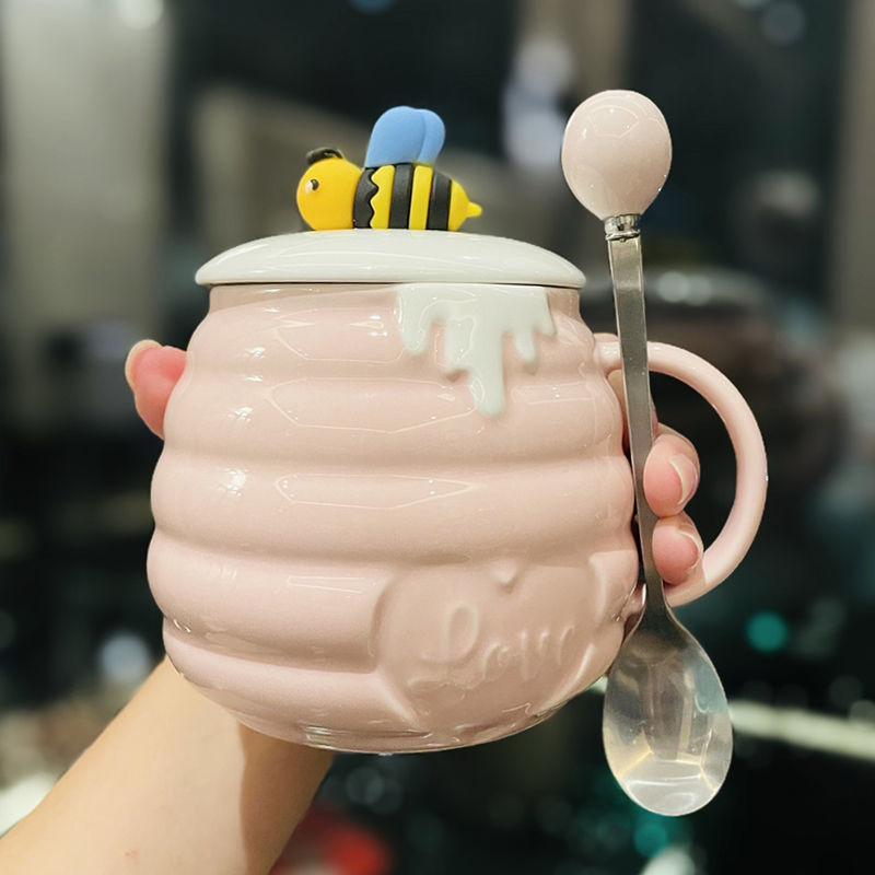 Cute Bee Ceramic Pot Belly Cup With Lid Spoon