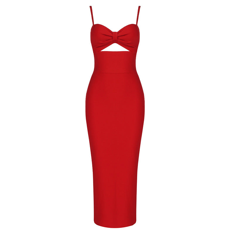 Fashion Waist Hollow Design 2021 New Sexy Solid Color V-Neck Halter Celebrity Party Club Bandage Long Dress