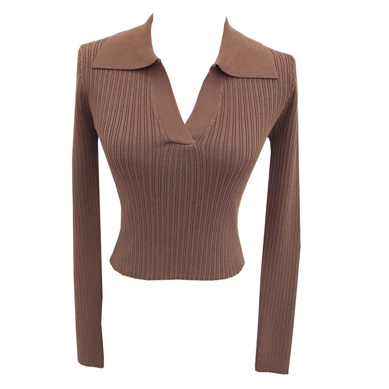 Lapel High Waist Cropped Stretch Easy Sweater