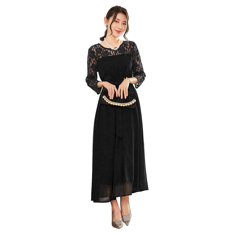 Lace Patchwork Mid-sleeve Crewneck Chiffon Long Dress