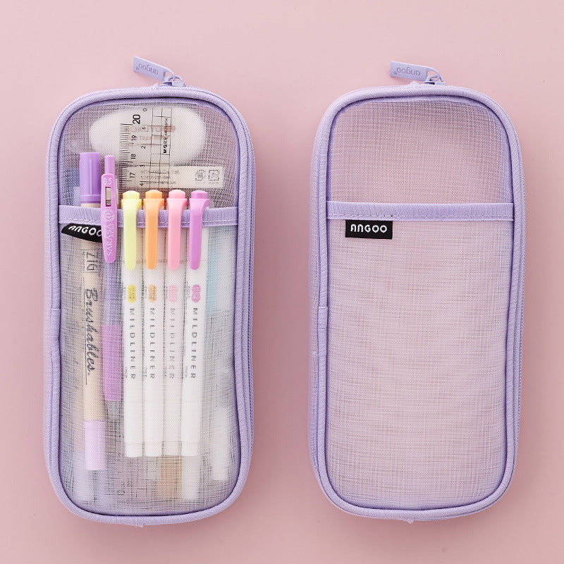 Mesh Pen Case Transparent Solid Color Stationery Storage Bag