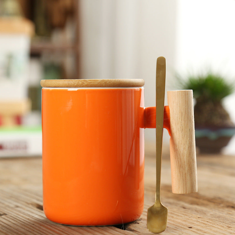 Simple Straight Ceramic Mug With Wooden Handle