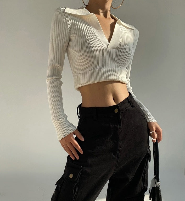 Lapel High Waist Cropped Stretch Easy Sweater