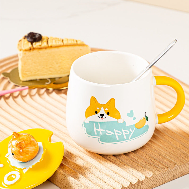 Cute Cartoon Ceramic Breakfast Cup With Lid Spoon