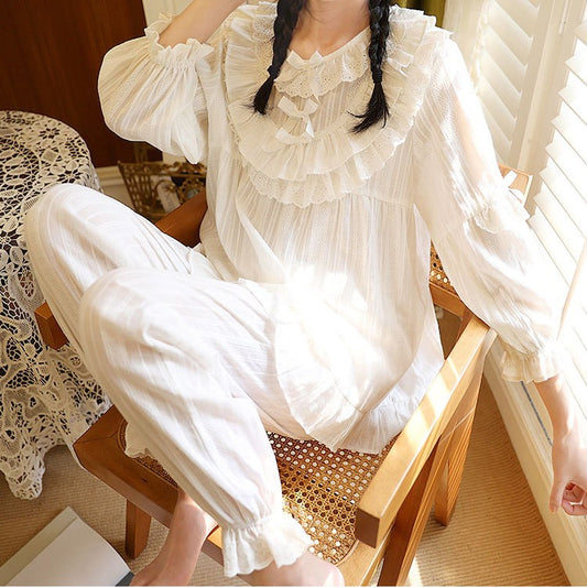 Pajamas Women's Long Sleeve Pure Cotton Gauze Loose Round Neck Home Clothes Two-piece Set