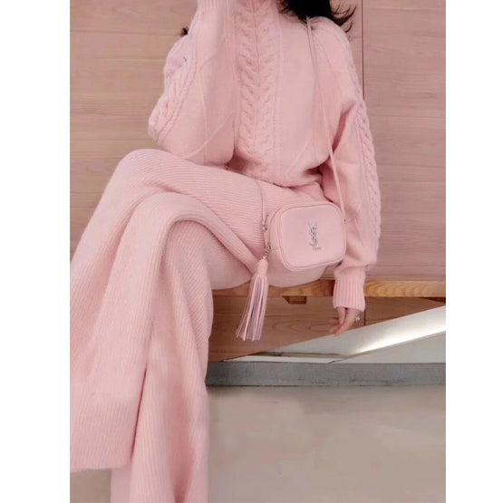 Two-piece High-neck Twist Sweater Women's Ice Silk Knitted Wide-leg Pants