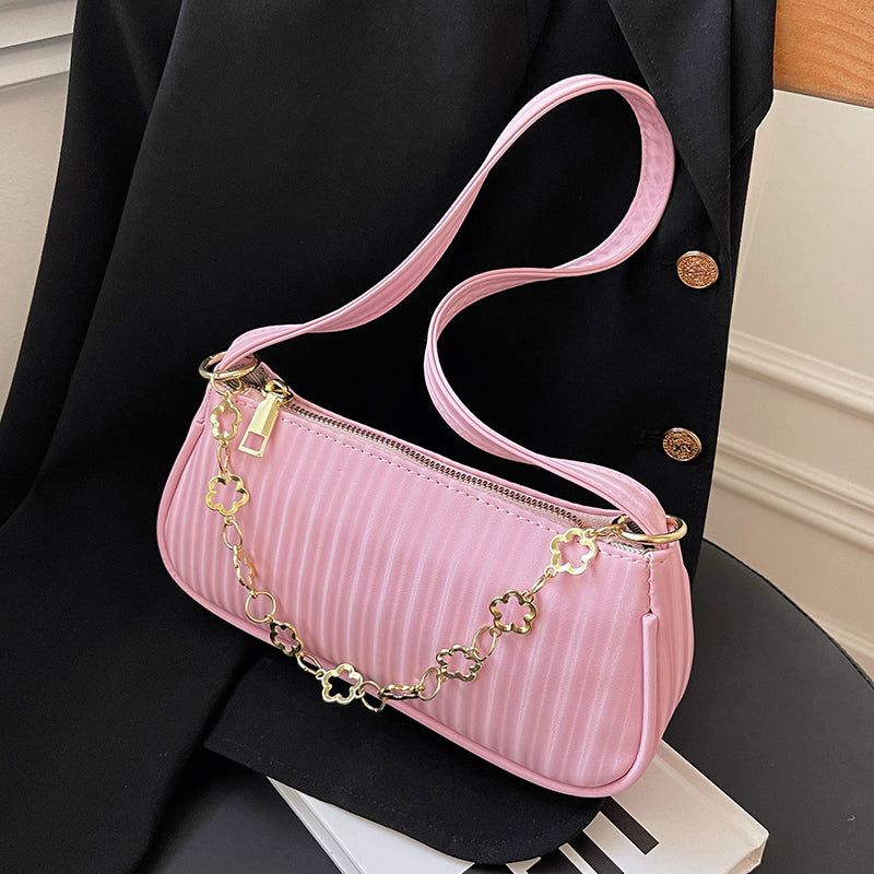 Cute Stripe Solid Color Small PU Leather Shoulder Bags For Women 2022 Hit Summer Simple Chain Handbags And Purses Female Totes