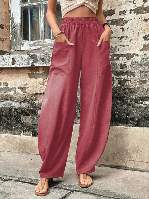 Women's Harem Pants With Pockets High Waisted Casual Beach Pants Loose Trousers