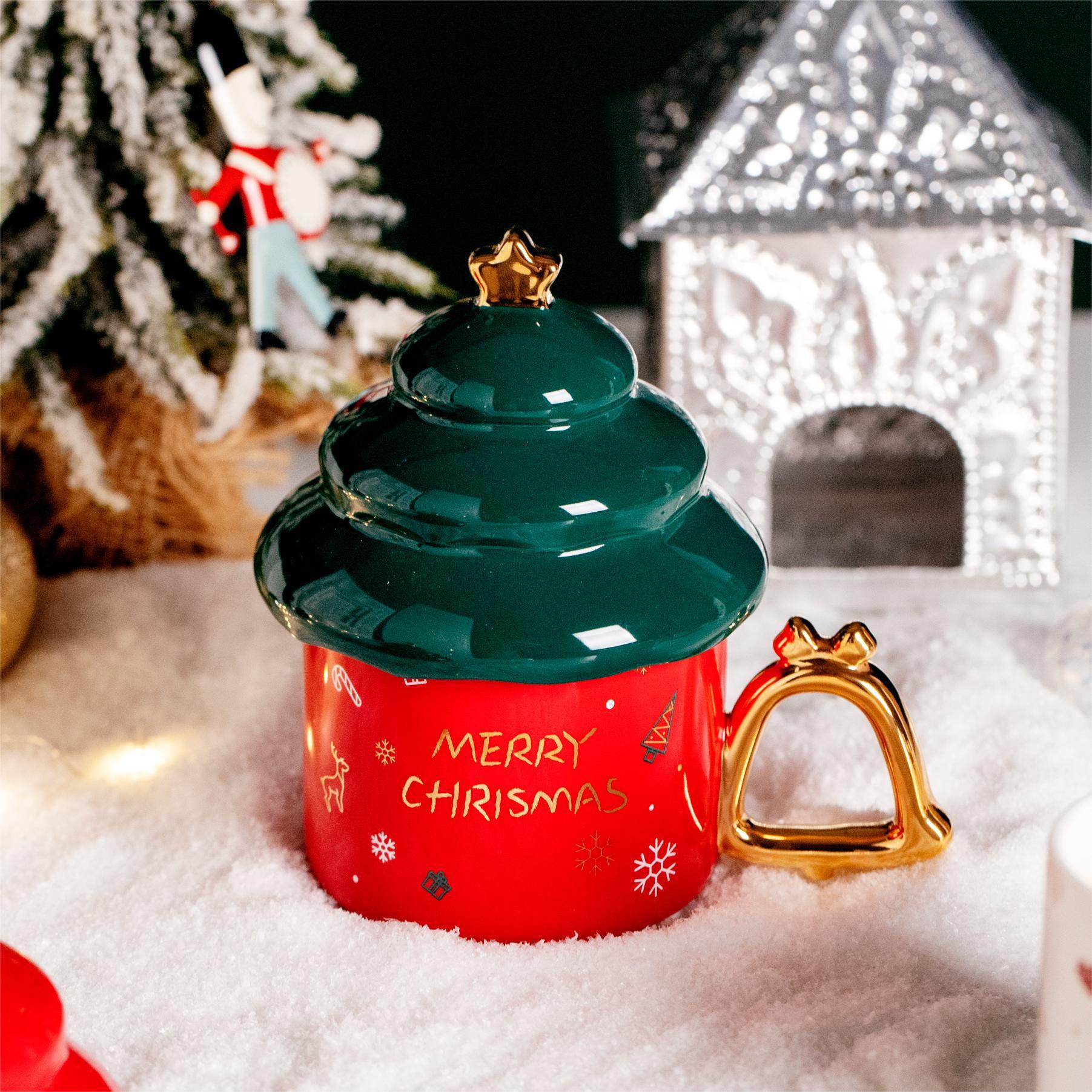 Gilt Christmas Tree Shaped Ceramic Mug With Lid