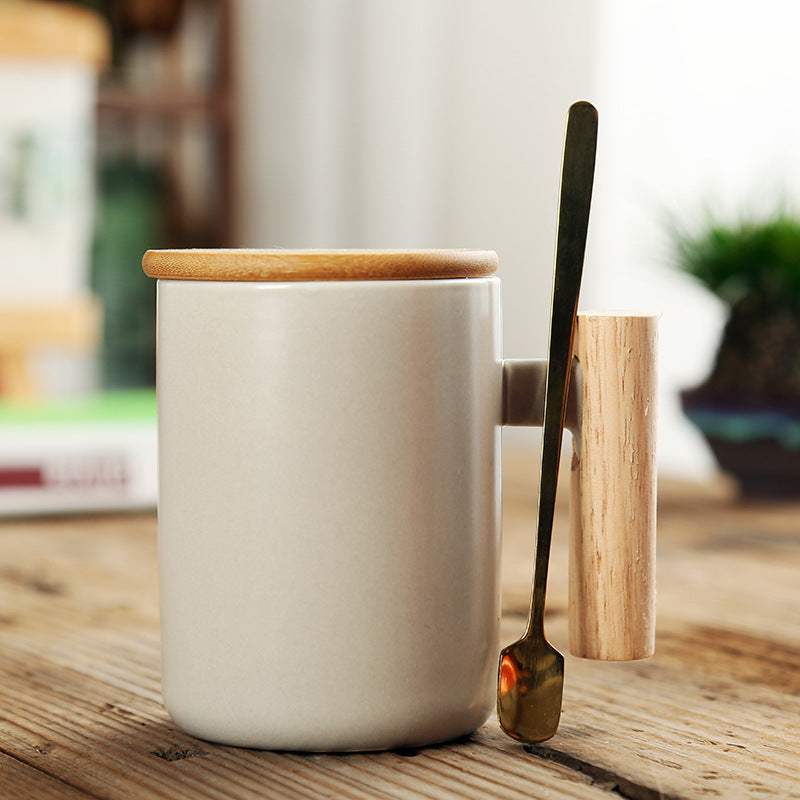 Simple Straight Ceramic Mug With Wooden Handle