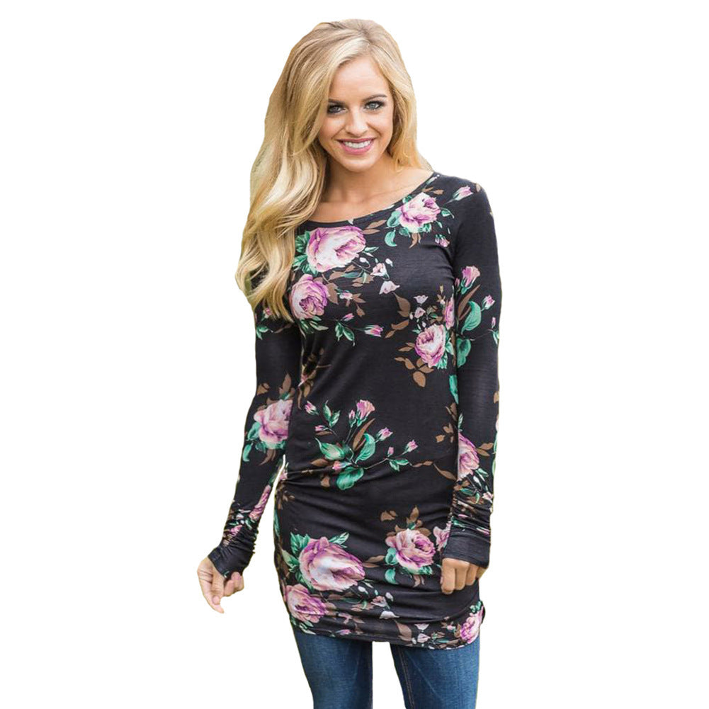 Women's Long-sleeved Printed Slim-fit Mid-length T-shirt Top