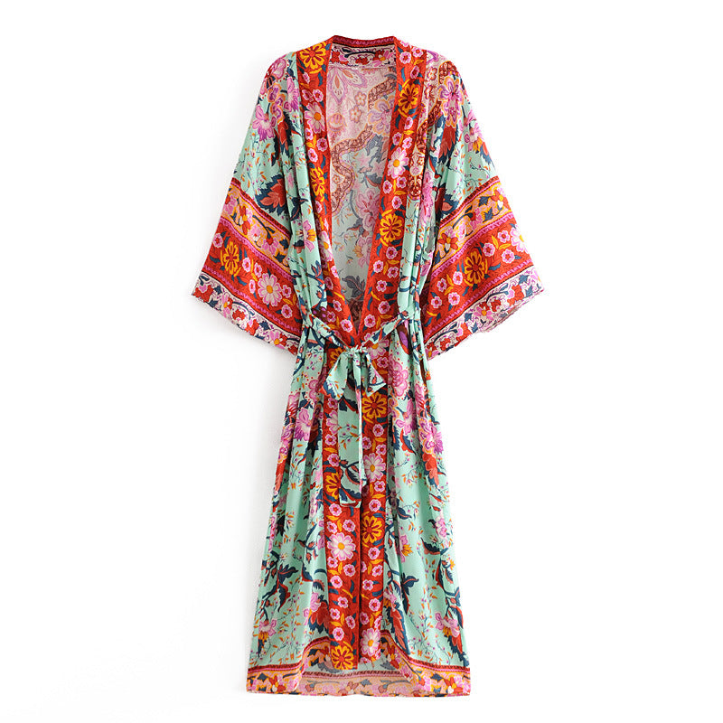 Printed Rayon Positioning Flower Bat Sleeve Kimono Printed Cardigan