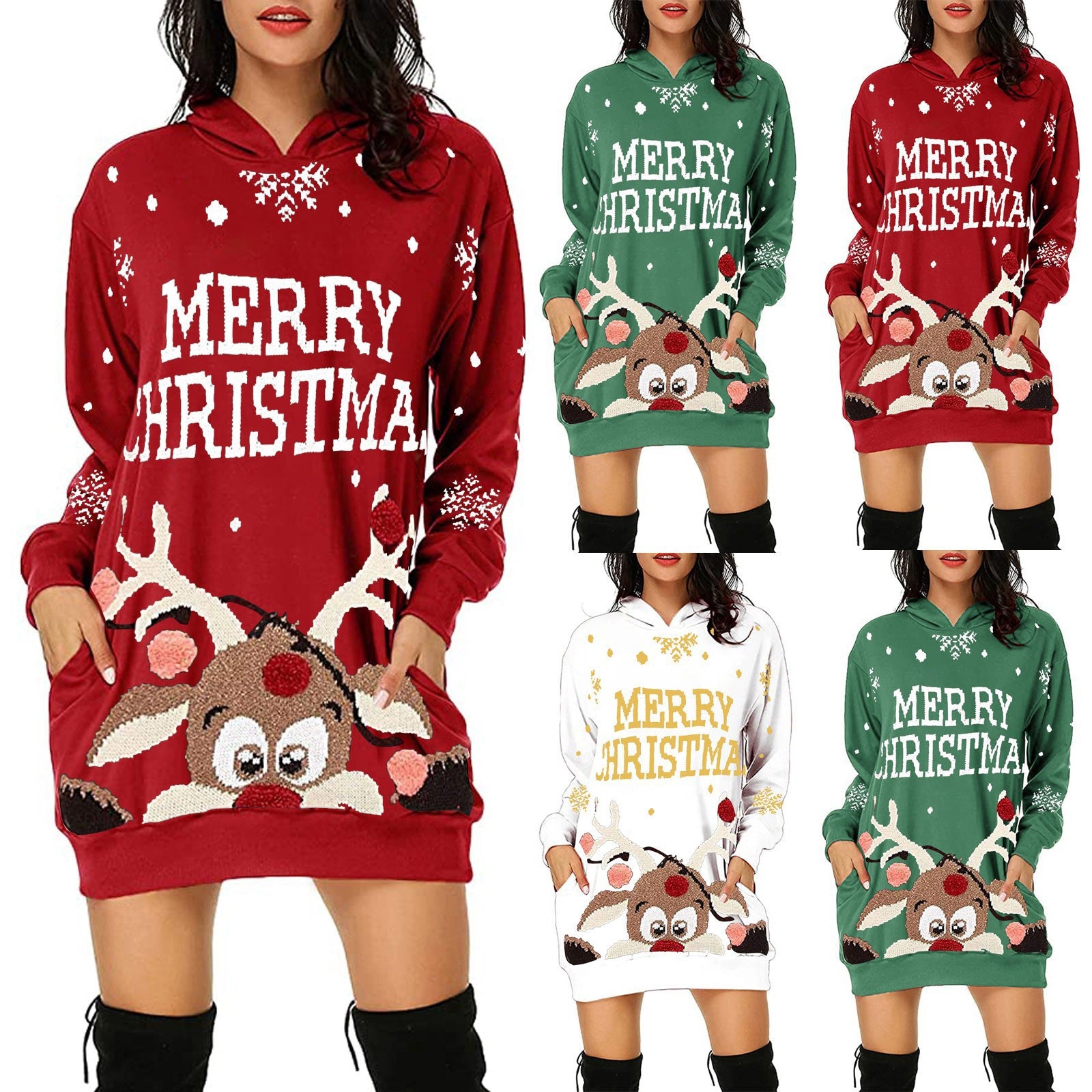 Christmas Women's Printed Mid-length Pocket Hooded Long Sleeve Sweatshirt