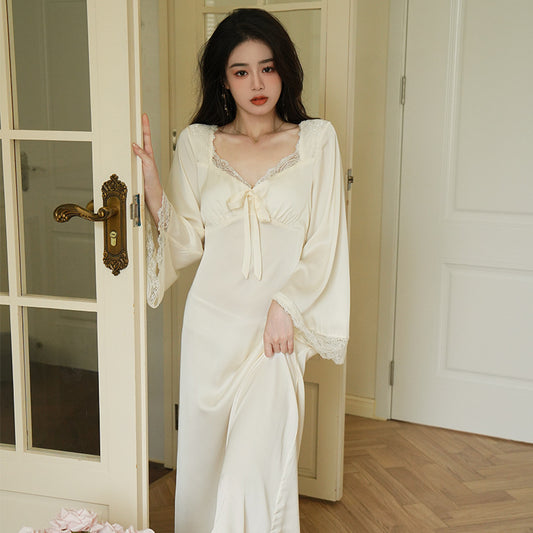 Spring And Autumn Long-sleeved Ice Silk Sexy V-neck Lace-up Bow Pajamas