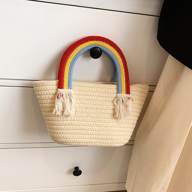 Cute Rainbow Handbag Small Bag Women's New Handmade Cotton Thread Women's Bag Straw Small Fresh Seaside Holiday Beach Bag