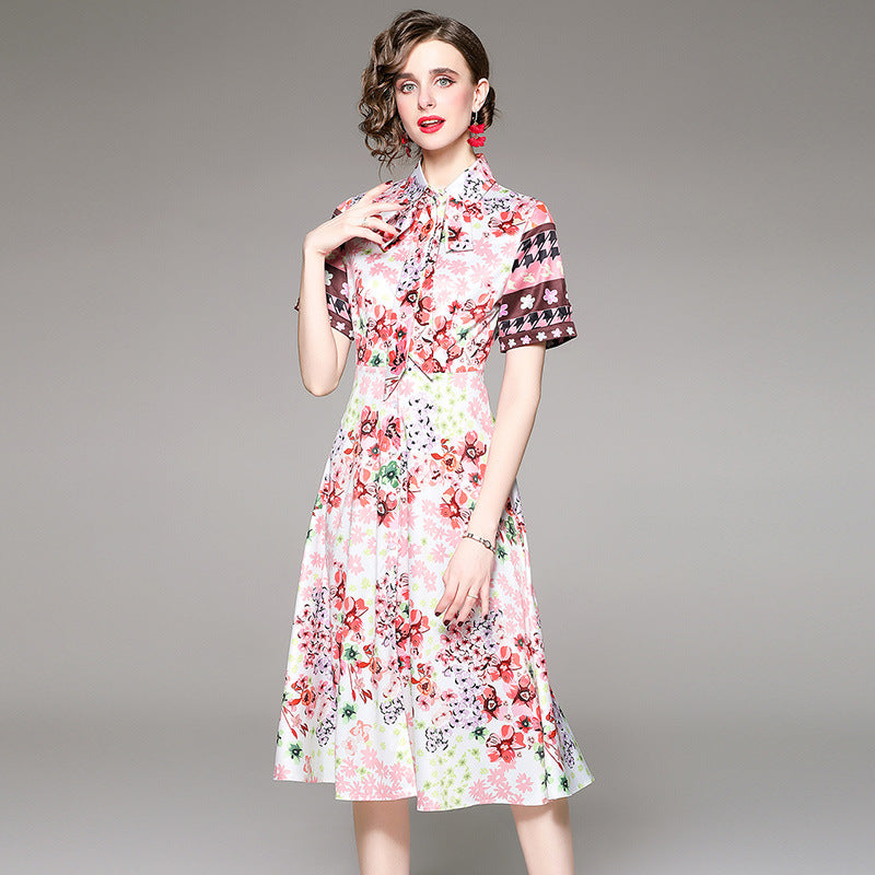 Positioning Printed French Vintage Dress Women With Belt