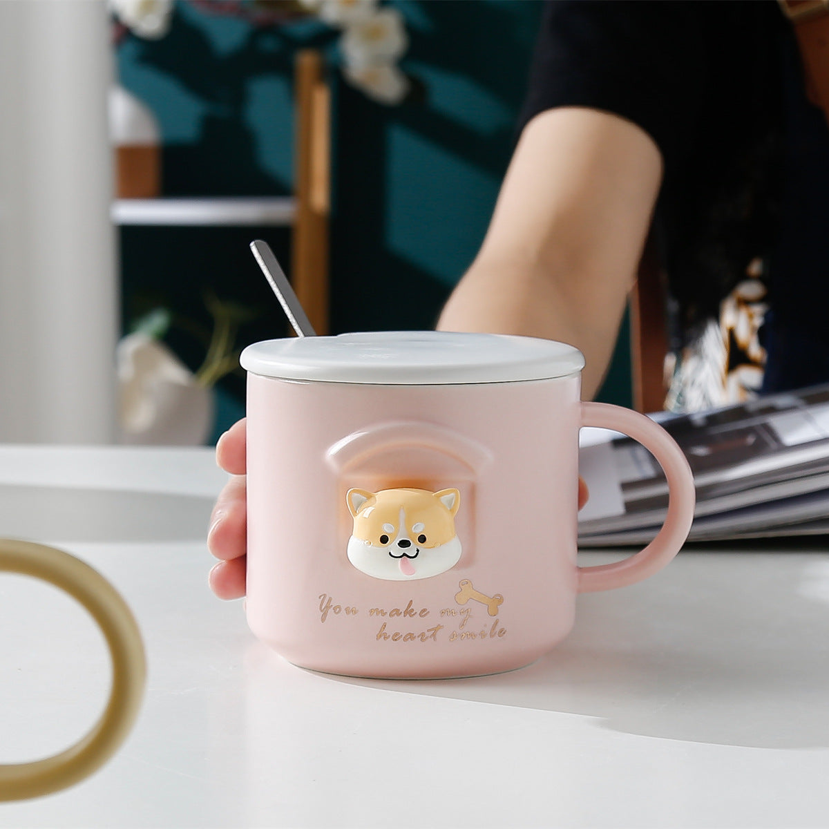 Three-dimensional Shiba Inu Cute Cartoon Ceramic Water Cup With Lid Spoon