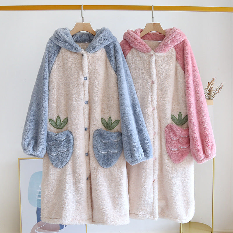 Women's Thick Color-blocking Cartoon Fleece Nightgown