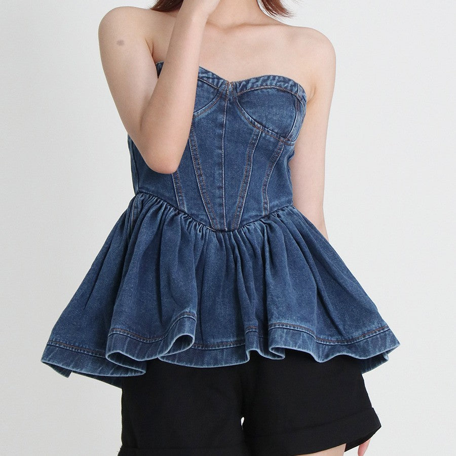 New Design Temperament Denim Bra Wash Ruffle Top Female