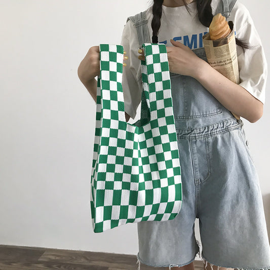 Plaid Knit Hand Bag With Hand Carrier