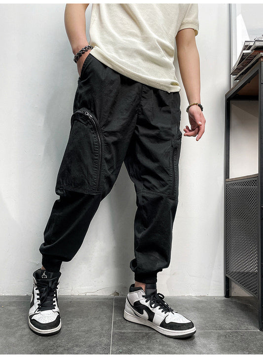 Men's Elastic Waist Zipper Big Pockets Drawstring Sports Cargo Pants