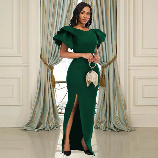 Women's Plus Size Slim-fit Green Evening Gown With Split Ends