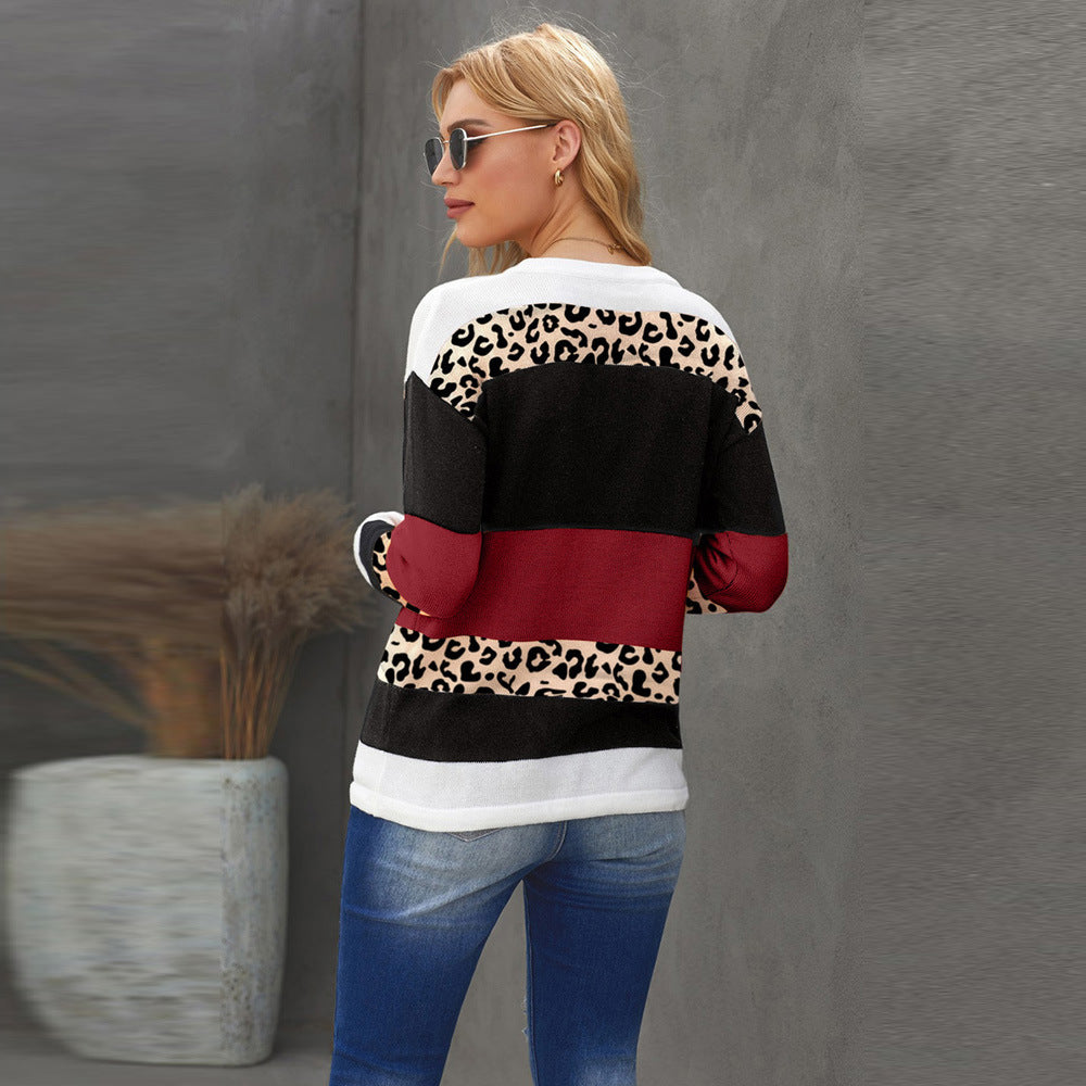 Leopard Print Color Blocking Sweater Women's Long Sleeved Round Neck Pullover Bottoming Shirt