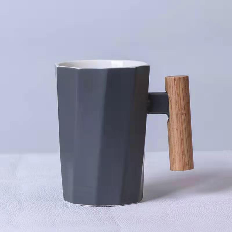 Simple Straight Ceramic Mug With Wooden Handle