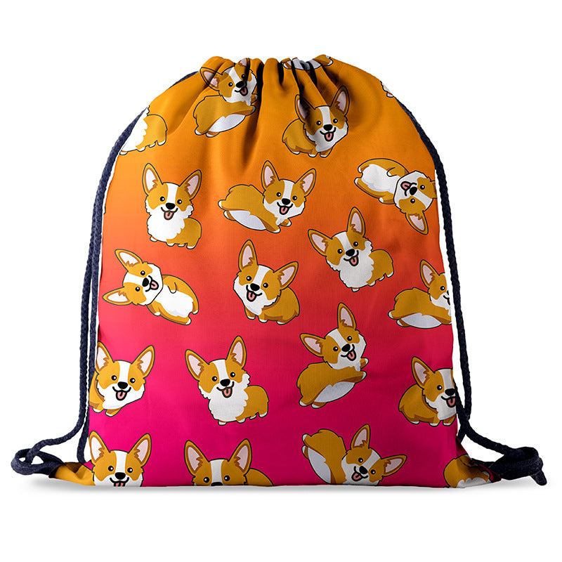 Outdoor Wear-resistant Oxford Cloth Digital Printing Cartoon Backpack Female Corgi Drawstring Pocket