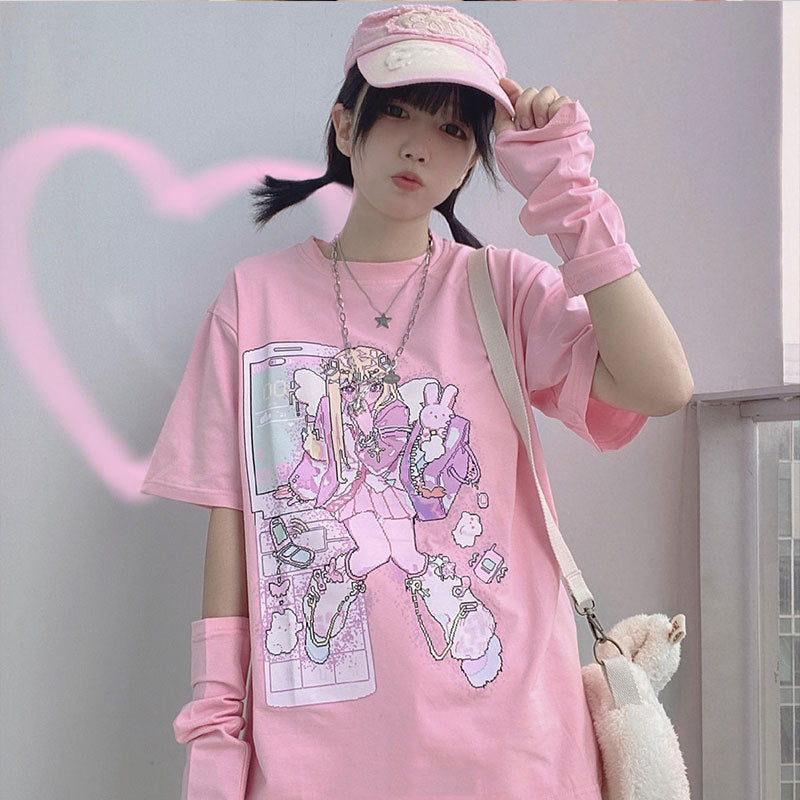 Gothic Pink Harajuku Anime Girl Loose Aesthetic T-Shirt