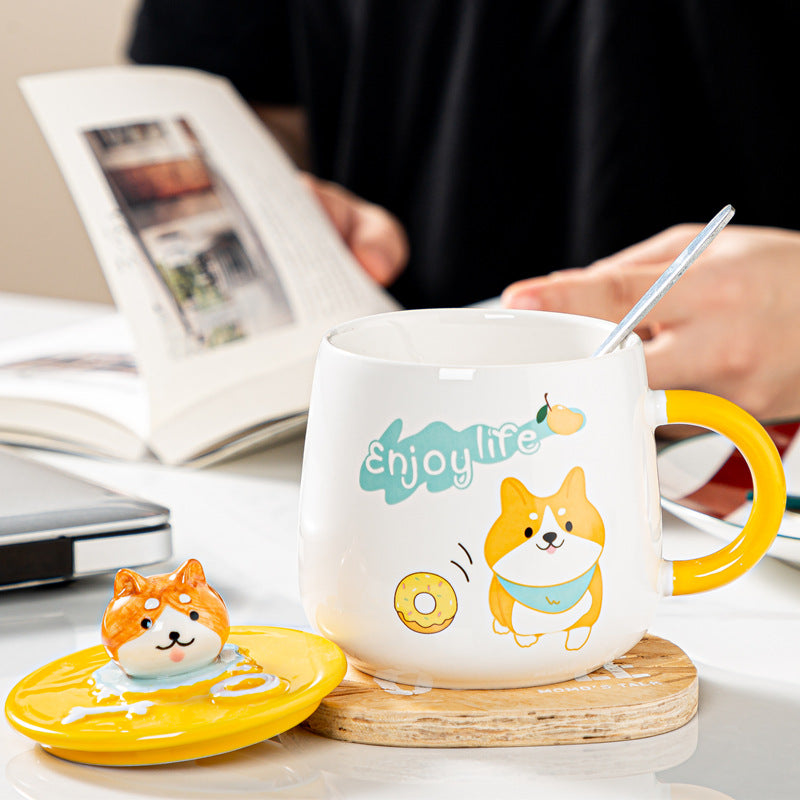 Cute Cartoon Ceramic Breakfast Cup With Lid Spoon