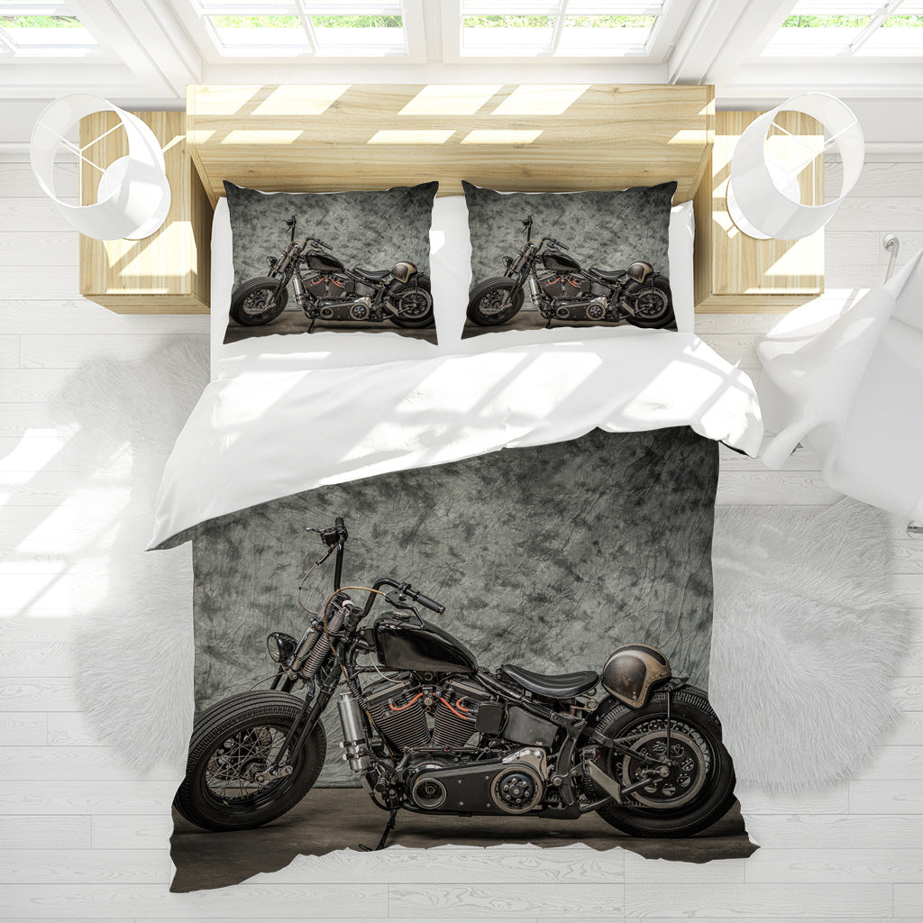 Dark Retro Motorcycle Quilt Cover Three-piece Set