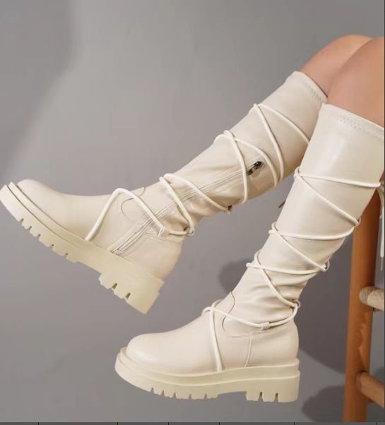 Lace-Up Platform Boots White Long Cowboy Boots Women