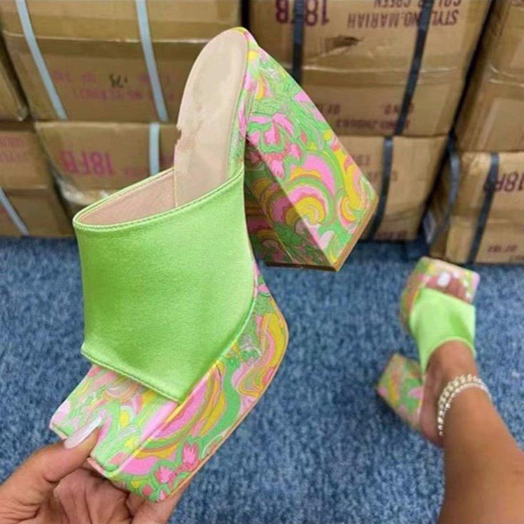 Summer Printing Shoes Square Tooe High Heel Sandals Woemen