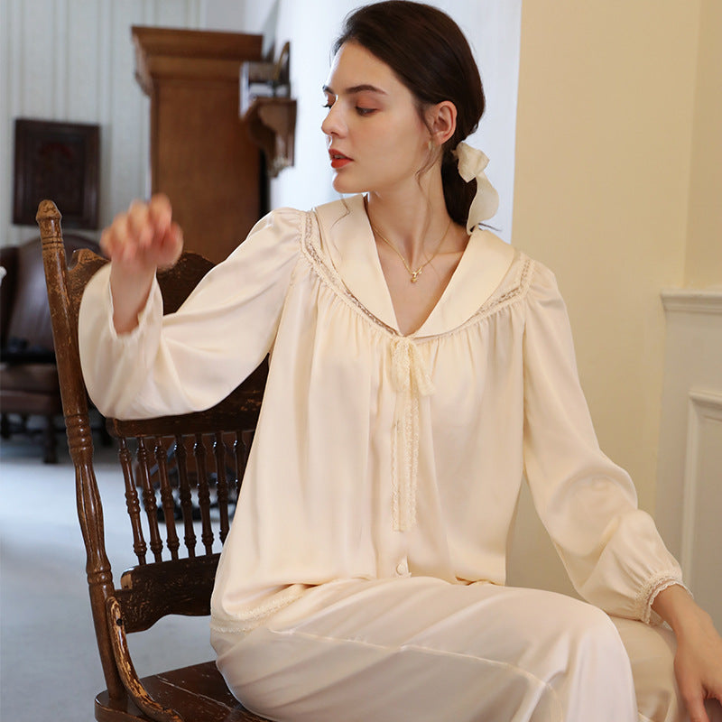 French Lapel Shirt Style Spring Ice Silk Long-sleeved Pajamas Two-piece Loose And Simple Outerwear Household Clothes