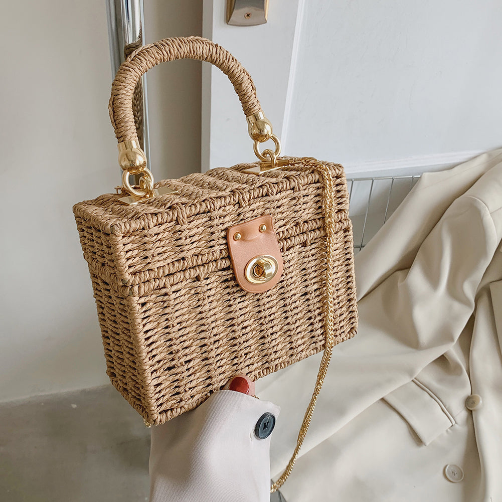 Rattan Straw Shoulder Bag Women Boho Hand-Woven Basket Messenger Bag Summer Beach Square Box Top-handle Handbag For Lady Girls