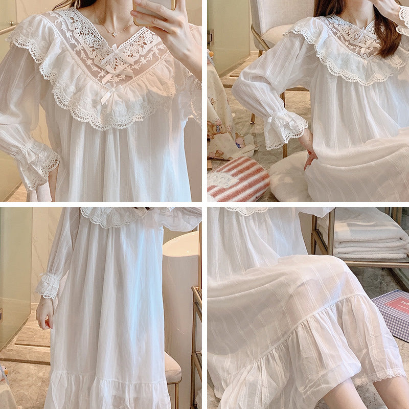 Thin Jacquard Cotton Cotton Princess Wind Long Nightdress White