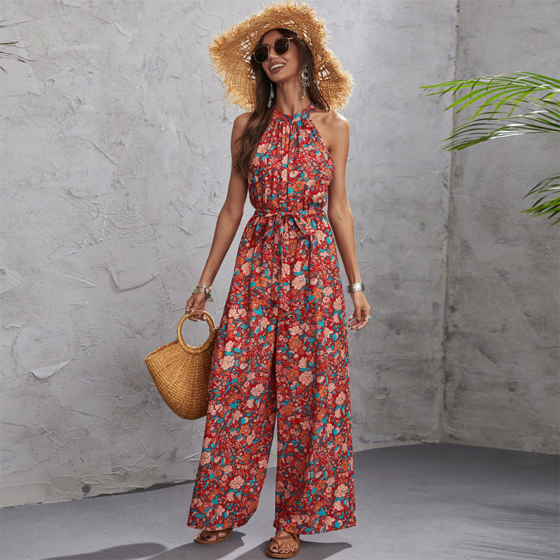 Women's Fashion Casual Hanging Neck Sleeveless Waist Wide-Legged Jumpsuit