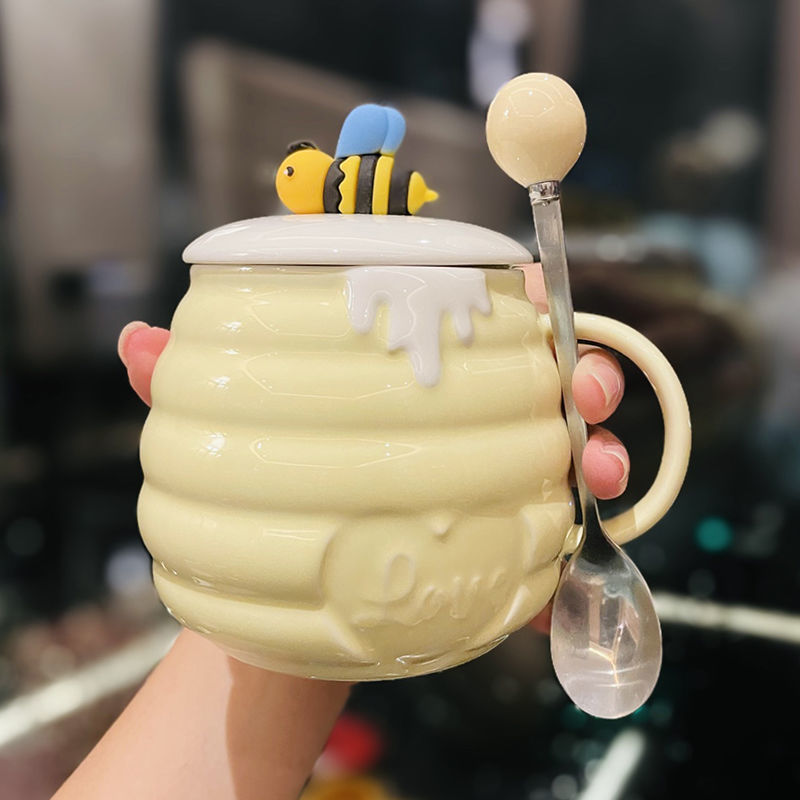 Cute Bee Ceramic Pot Belly Cup With Lid Spoon