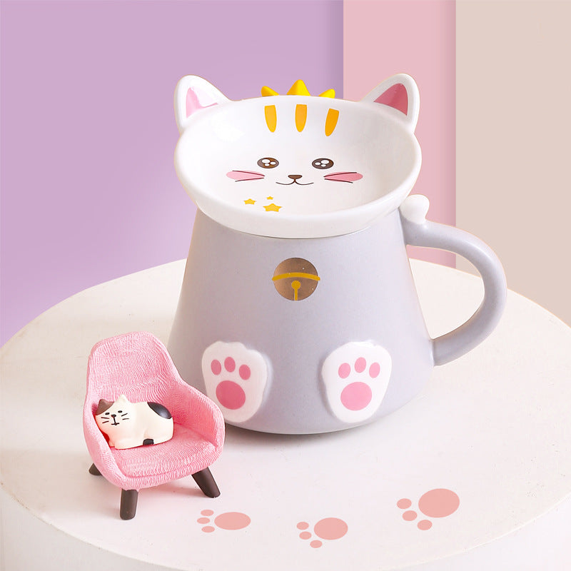 Cartoon Cat Ceramic Mug With Lid Spoon Cup