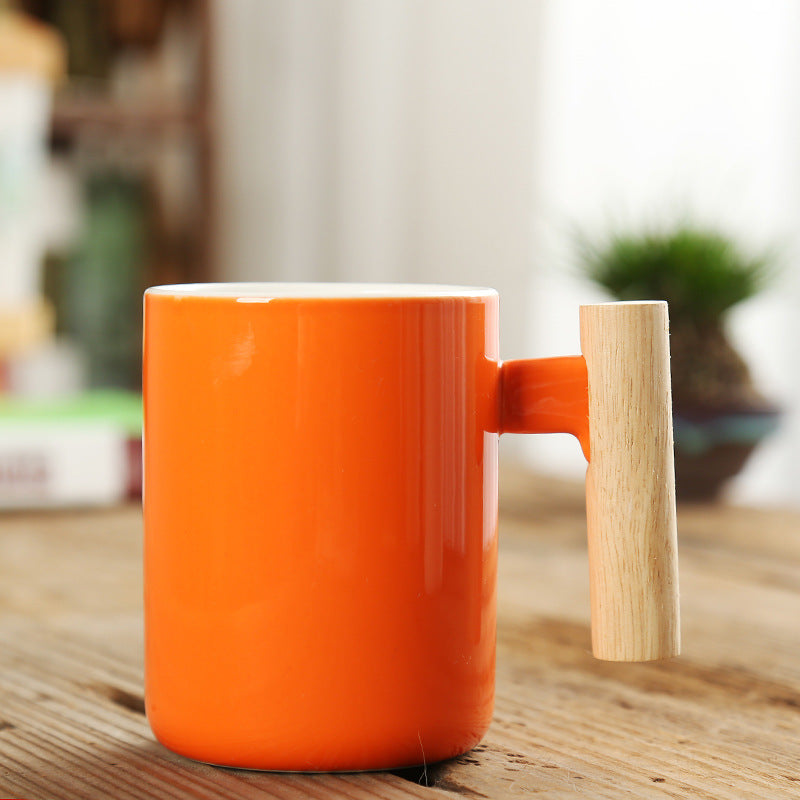 Simple Straight Ceramic Mug With Wooden Handle