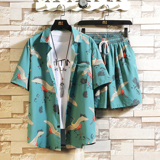 Summer Retro Chinese Style Trend Short-sleeved Design Sense Crane Print Korean Casual Two-piece Suit