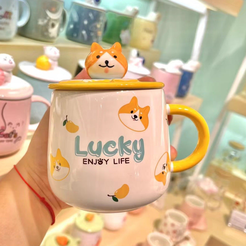 Cute Cartoon Ceramic Breakfast Cup With Lid Spoon