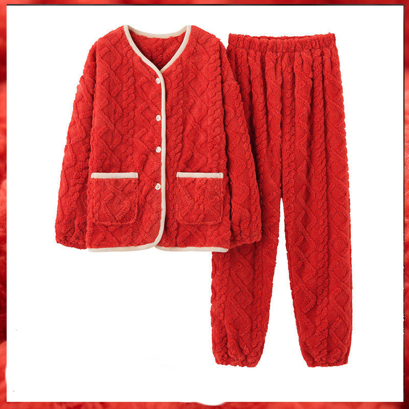 Ladies Long-sleeved Flannel Padded Pajamas Home Service Suit