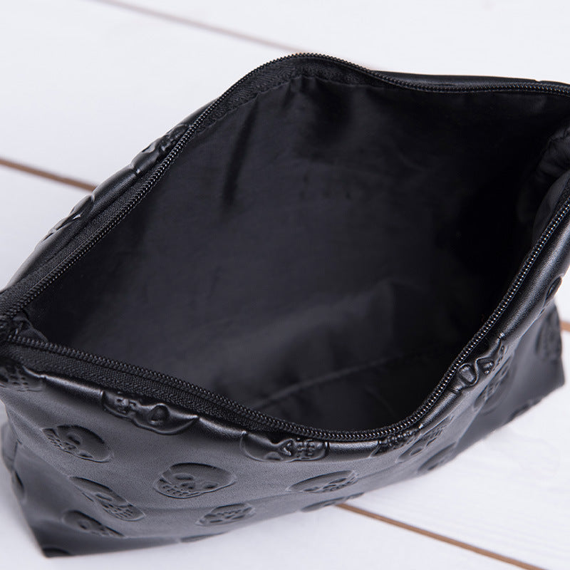 Pu Leather Cosmetic Bag Female European And American Black Skull Waterproof Storage Wash Bag