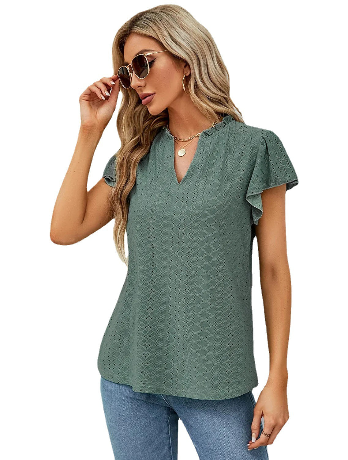 Jacquard V-neck Pile Sleeve Short Sleeve