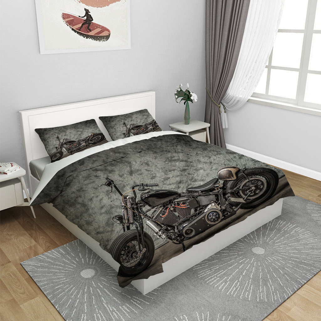 Dark Retro Motorcycle Quilt Cover Three-piece Set